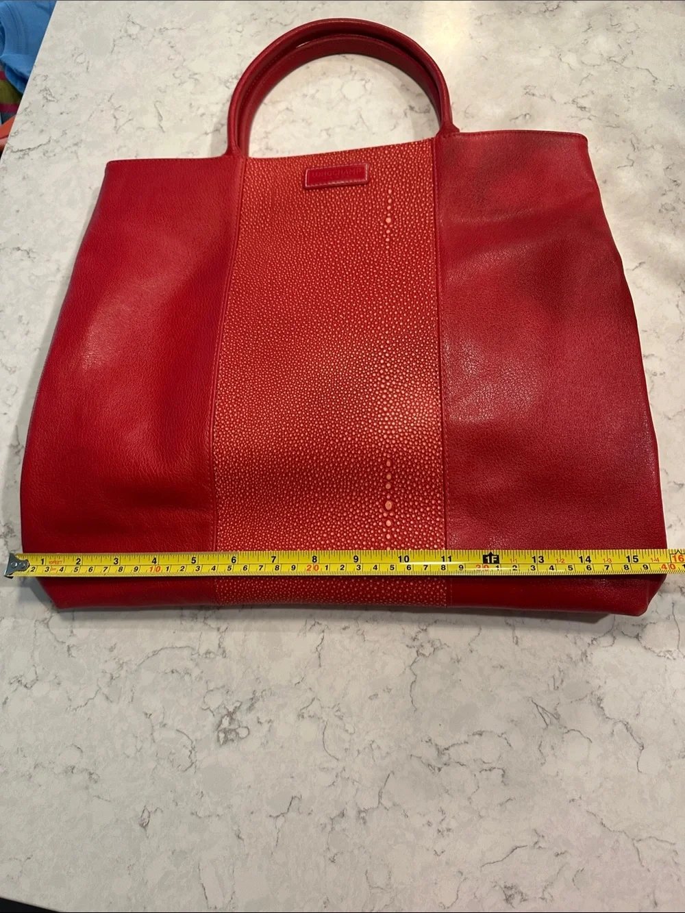 Longchamp Red Leather Tote with Textured Center Panel - Picture 10 of 13